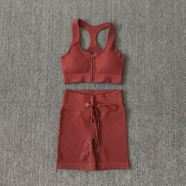 Seamless Women Yoga Set Workout Sportswear Gym Clothing Zipper Long Sleeve High Waist Leggings Fitness Bra Athletic Sports Suits-14