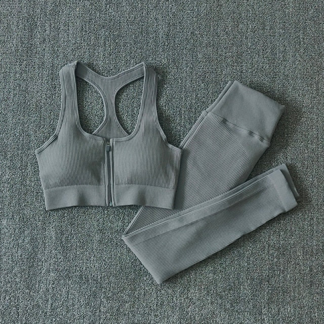 Seamless Women Yoga Set Workout Sportswear Gym Clothing Zipper Long Sleeve High Waist Leggings Fitness Bra Athletic Sports Suits-8