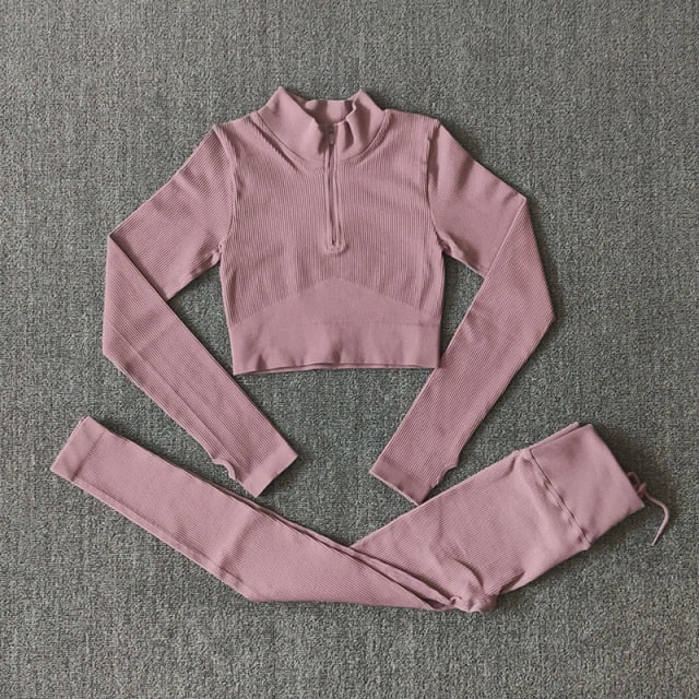 Seamless Women Yoga Set Workout Sportswear Gym Clothing Zipper Long Sleeve High Waist Leggings Fitness Bra Athletic Sports Suits-23
