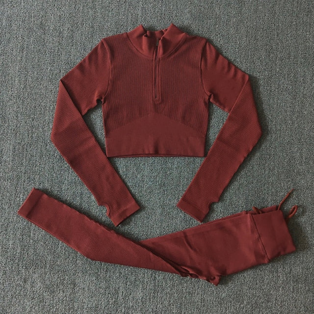 Seamless Women Yoga Set Workout Sportswear Gym Clothing Zipper Long Sleeve High Waist Leggings Fitness Bra Athletic Sports Suits-25