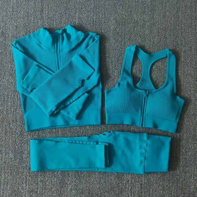Seamless Women Yoga Set Workout Sportswear Gym Clothing Zipper Long Sleeve High Waist Leggings Fitness Bra Athletic Sports Suits-26