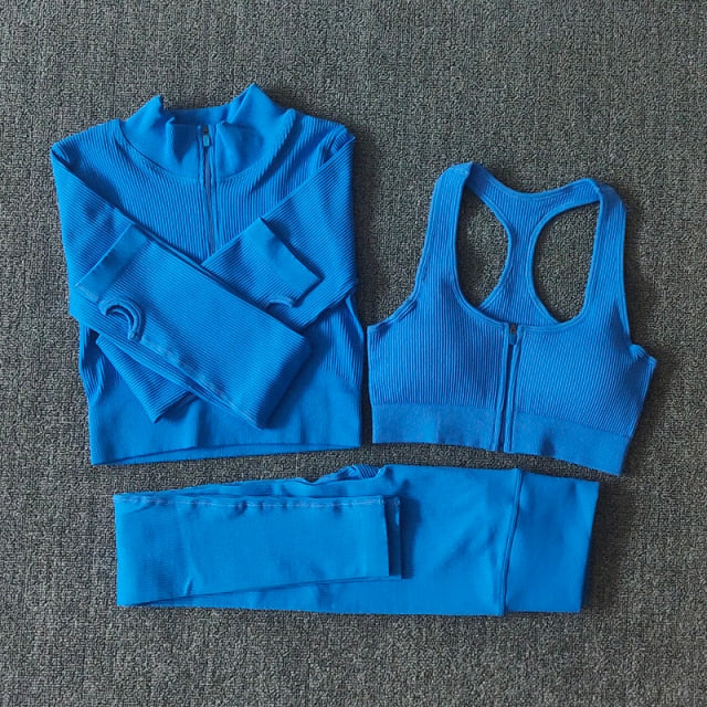 Seamless Women Yoga Set Workout Sportswear Gym Clothing Zipper Long Sleeve High Waist Leggings Fitness Bra Athletic Sports Suits-30