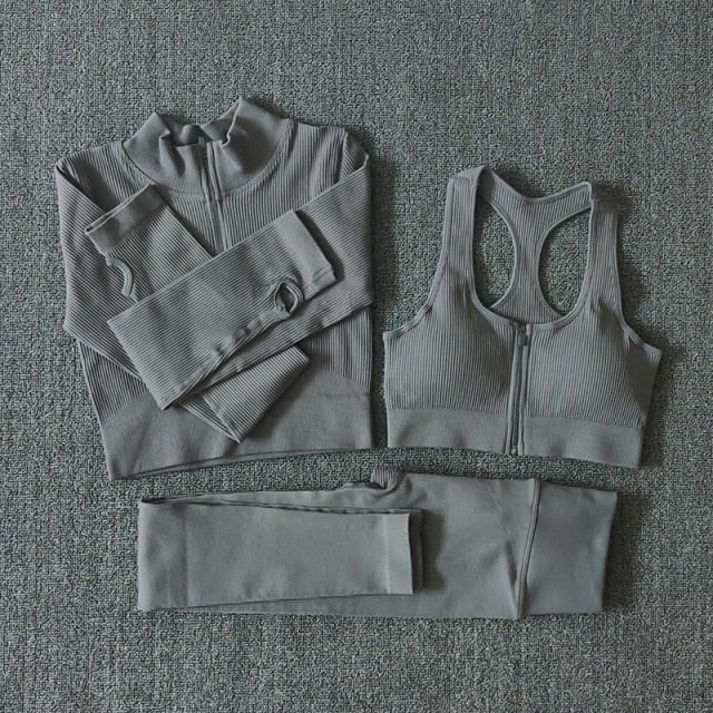 Seamless Women Yoga Set Workout Sportswear Gym Clothing Zipper Long Sleeve High Waist Leggings Fitness Bra Athletic Sports Suits-28