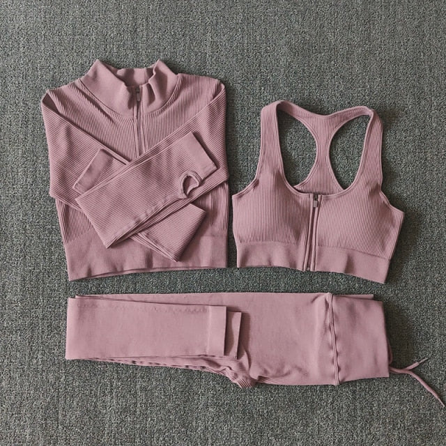 Seamless Women Yoga Set Workout Sportswear Gym Clothing Zipper Long Sleeve High Waist Leggings Fitness Bra Athletic Sports Suits-29