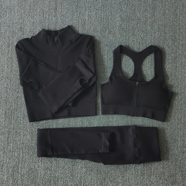 Seamless Women Yoga Set Workout Sportswear Gym Clothing Zipper Long Sleeve High Waist Leggings Fitness Bra Athletic Sports Suits-32