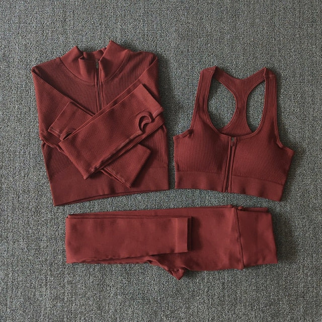 Seamless Women Yoga Set Workout Sportswear Gym Clothing Zipper Long Sleeve High Waist Leggings Fitness Bra Athletic Sports Suits-35