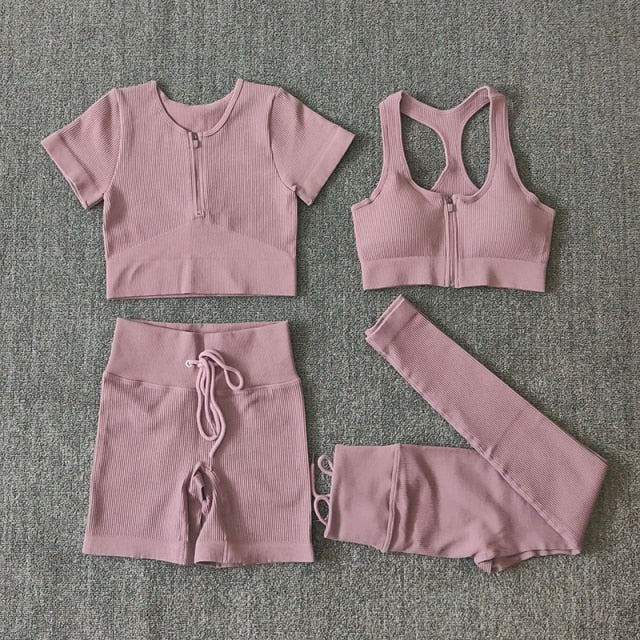 Seamless Women Yoga Set Workout Sportswear Gym Clothing Zipper Long Sleeve High Waist Leggings Fitness Bra Athletic Sports Suits-37