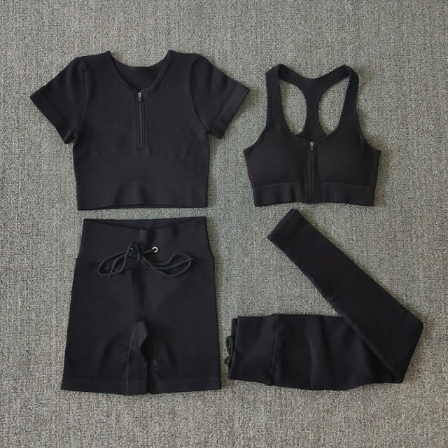 Seamless Women Yoga Set Workout Sportswear Gym Clothing Zipper Long Sleeve High Waist Leggings Fitness Bra Athletic Sports Suits-40