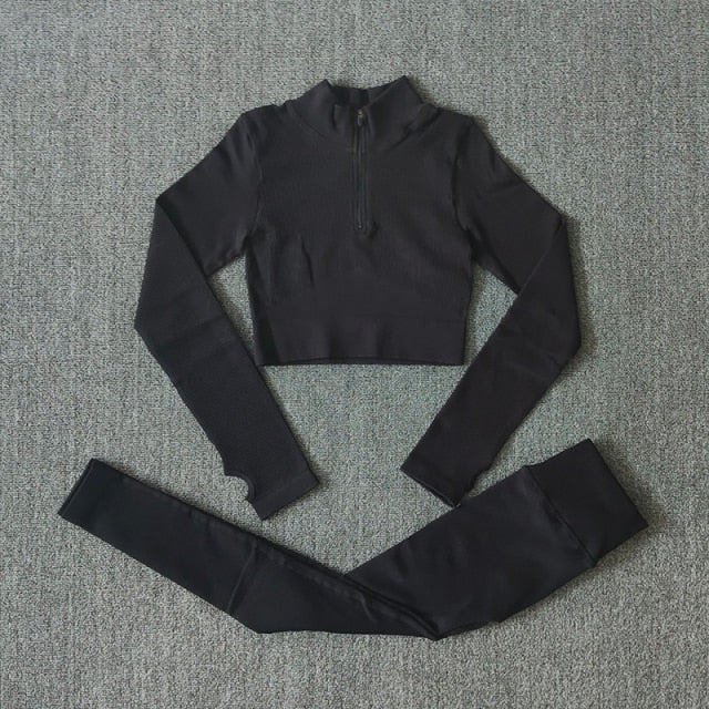 Seamless Women Yoga Set Workout Sportswear Gym Clothing Zipper Long Sleeve High Waist Leggings Fitness Bra Athletic Sports Suits-27
