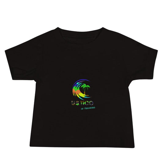 Black t-shirt featuring a colorful tropical wave and palm tree logo with 'USTICO IN TRAINING' text.