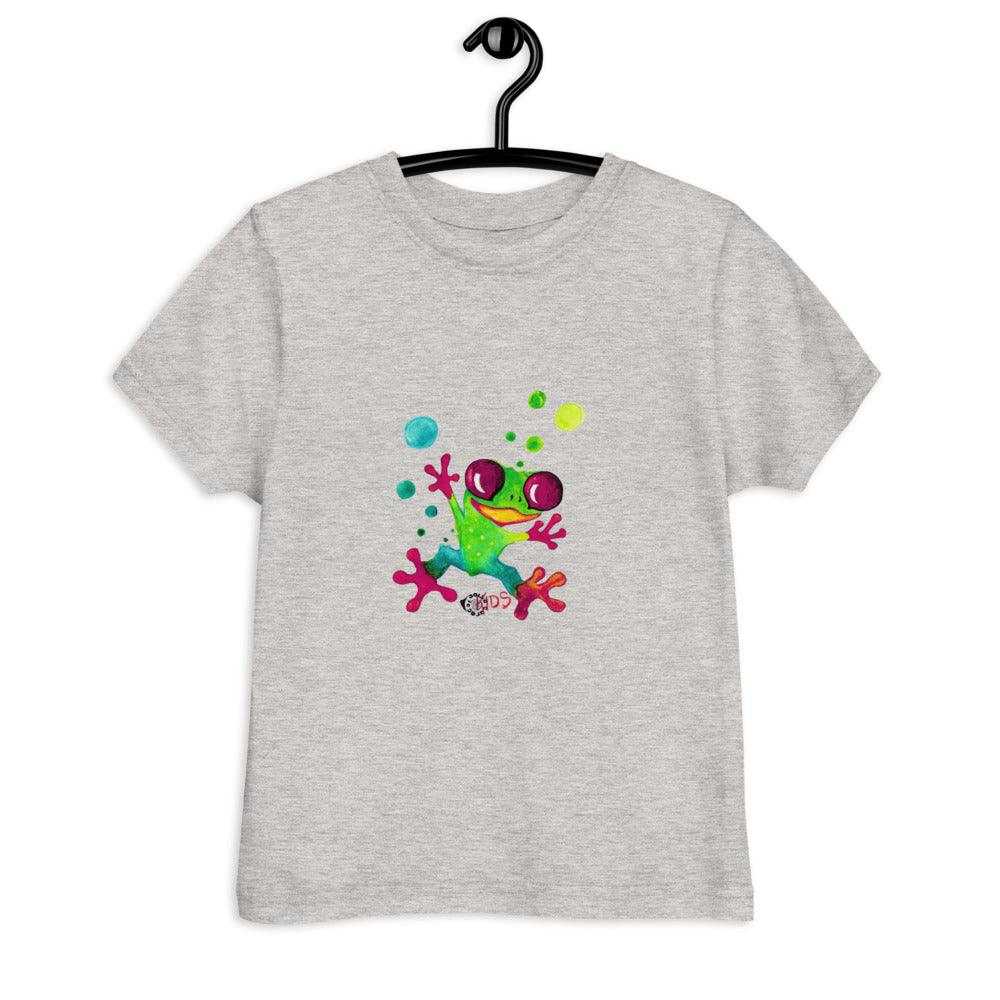 Kids Jungle Frog T-Shirt in light heather gray with a colorful playful frog illustration and splashes of bright dots