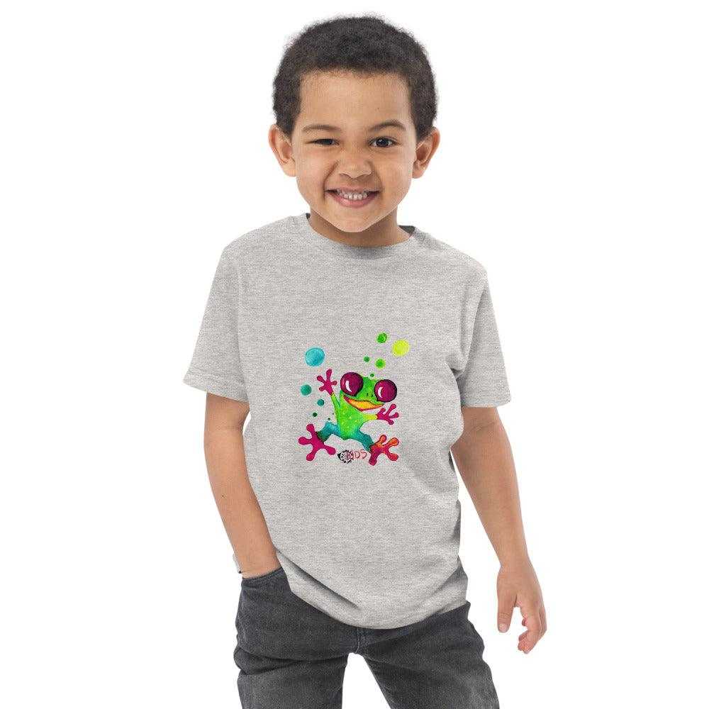 Kids Jungle Frog T-Shirt in heather grey cotton with a colorful cartoon frog print featuring bright green, pink and blue accents