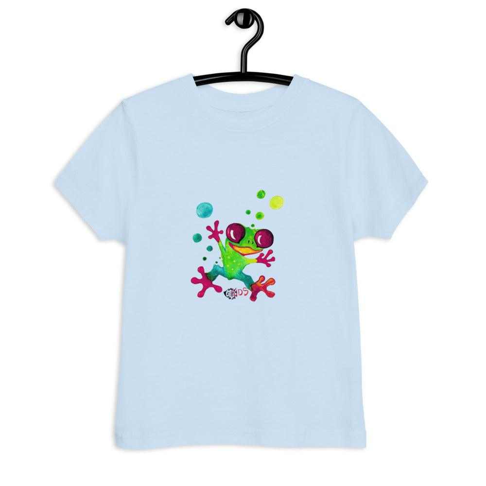 Kids Jungle Frog T-Shirt in pale blue cotton with a small, colorful cartoon frog and scattered bubbles