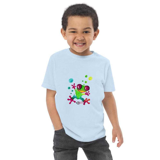 Kids Jungle Frog T-Shirt in pale blue cotton with a colorful cartoon frog and playful tropical accents printed on the front