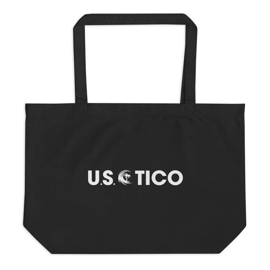 Black canvas tote bag featuring the U.S. TICO logo with a palm tree icon.