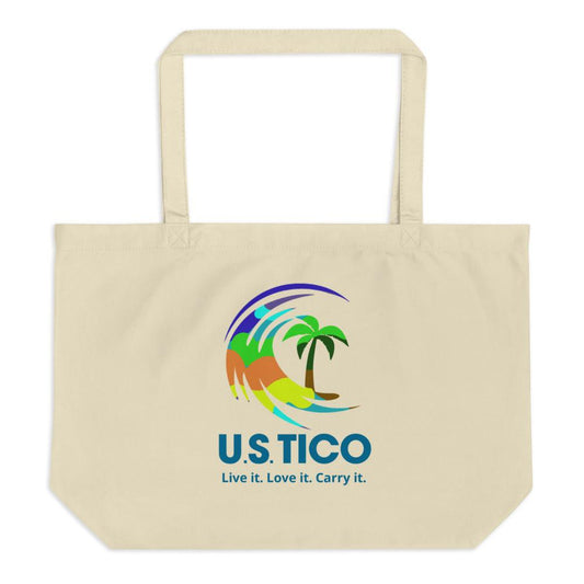 Beige canvas tote bag featuring a colorful wave and palm tree graphic with U.S.TICO branding.