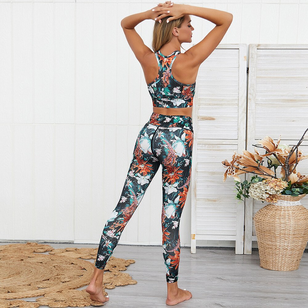 Flower Print Activewear Set with High Waist Tummy Control