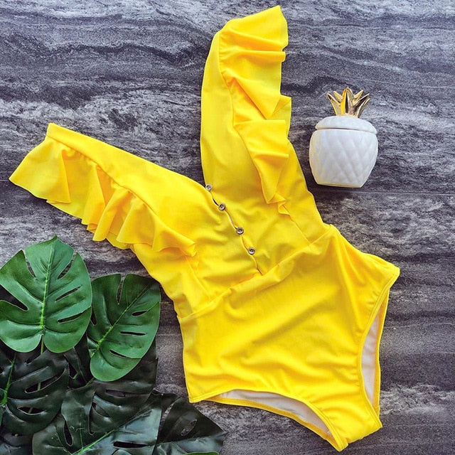 Ruffle Deep-V One Piece Swimsuit | Flattering Spandex Monokini | UStico