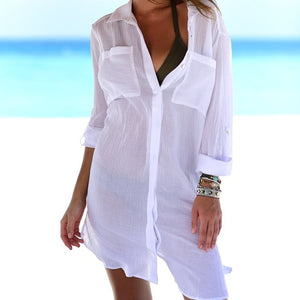 Beach Dress Bikini Cover up Button up Mid-length Sleeve