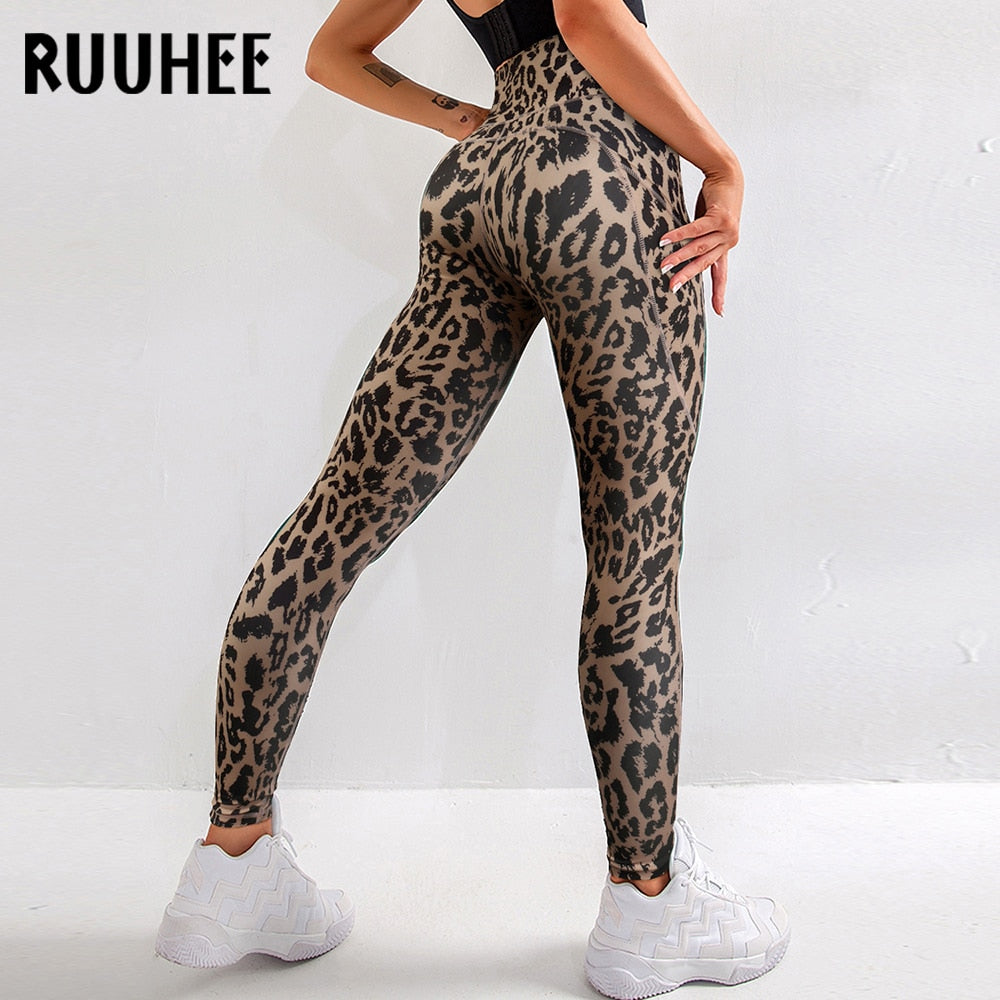 Leopard Print High-Waisted Yoga Pants with Pocket