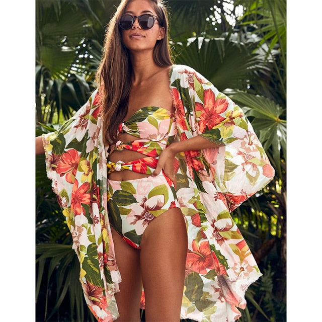 Floral Cut-Out Swimsuit with Matching Cover-Up | Tropical Beach Set | UStico