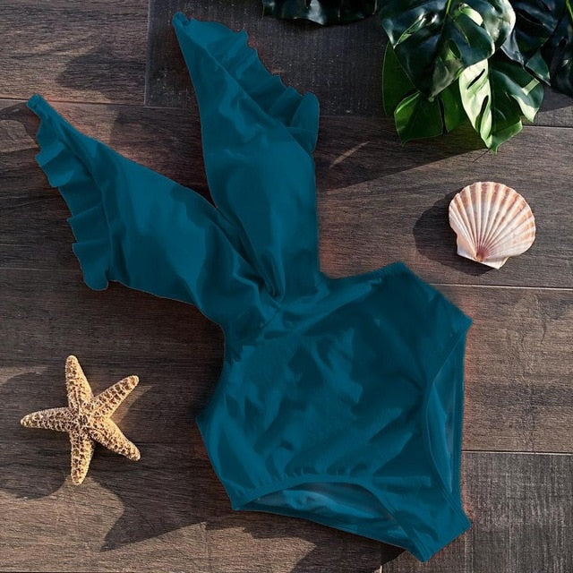 Ruffle Deep-V One Piece Swimsuit | Flattering Spandex Monokini | UStico