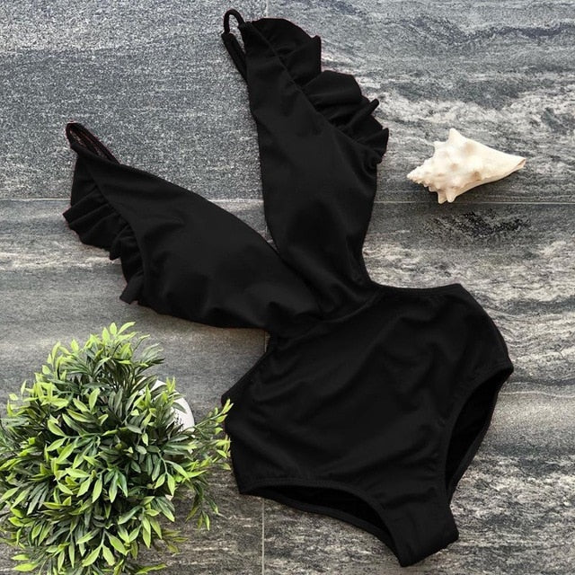 Ruffle Deep-V One Piece Swimsuit | Flattering Spandex Monokini | UStico