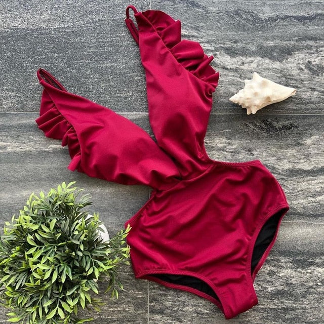 Ruffle Deep-V One Piece Swimsuit | Flattering Spandex Monokini | UStico