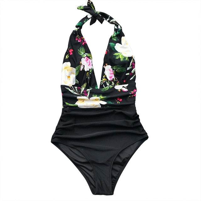 Navy Floral Deep V-neck Halter One-Piece Swimsuit