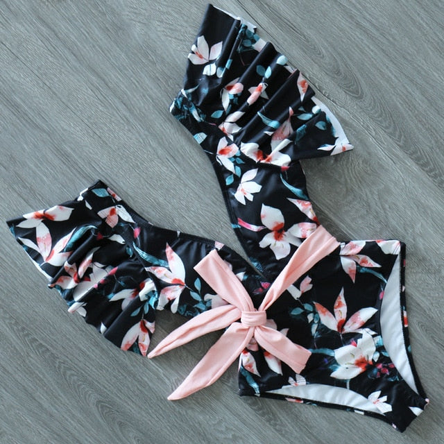Ruffle Deep-V One Piece Swimsuit | Flattering Spandex Monokini | UStico