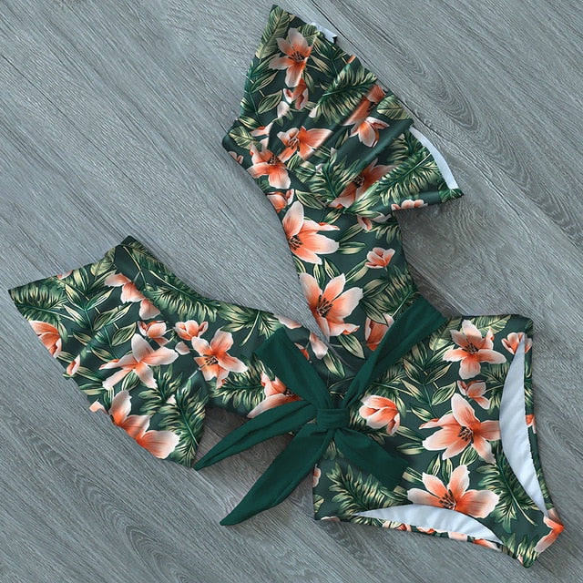 Ruffle Deep-V One Piece Swimsuit | Flattering Spandex Monokini | UStico