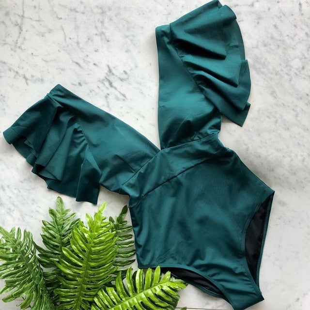 Ruffle Deep-V One Piece Swimsuit | Flattering Spandex Monokini | UStico