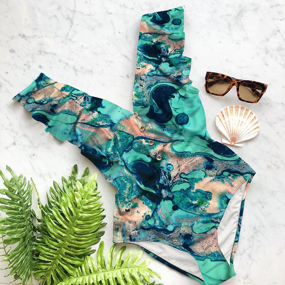 Ruffle Deep-V One Piece Swimsuit | Flattering Spandex Monokini | UStico