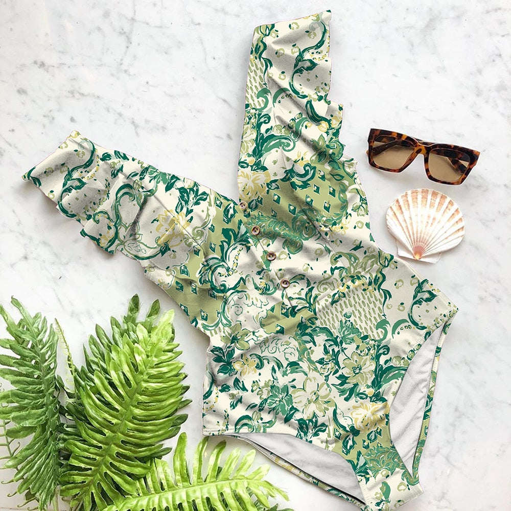 Ruffle Deep-V One Piece Swimsuit | Flattering Spandex Monokini | UStico