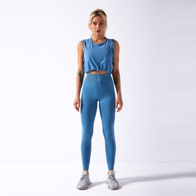 Lightweight 2pcs Set - Sleeveless Tank Top with Drawstring and Seamless Yoga Leggings