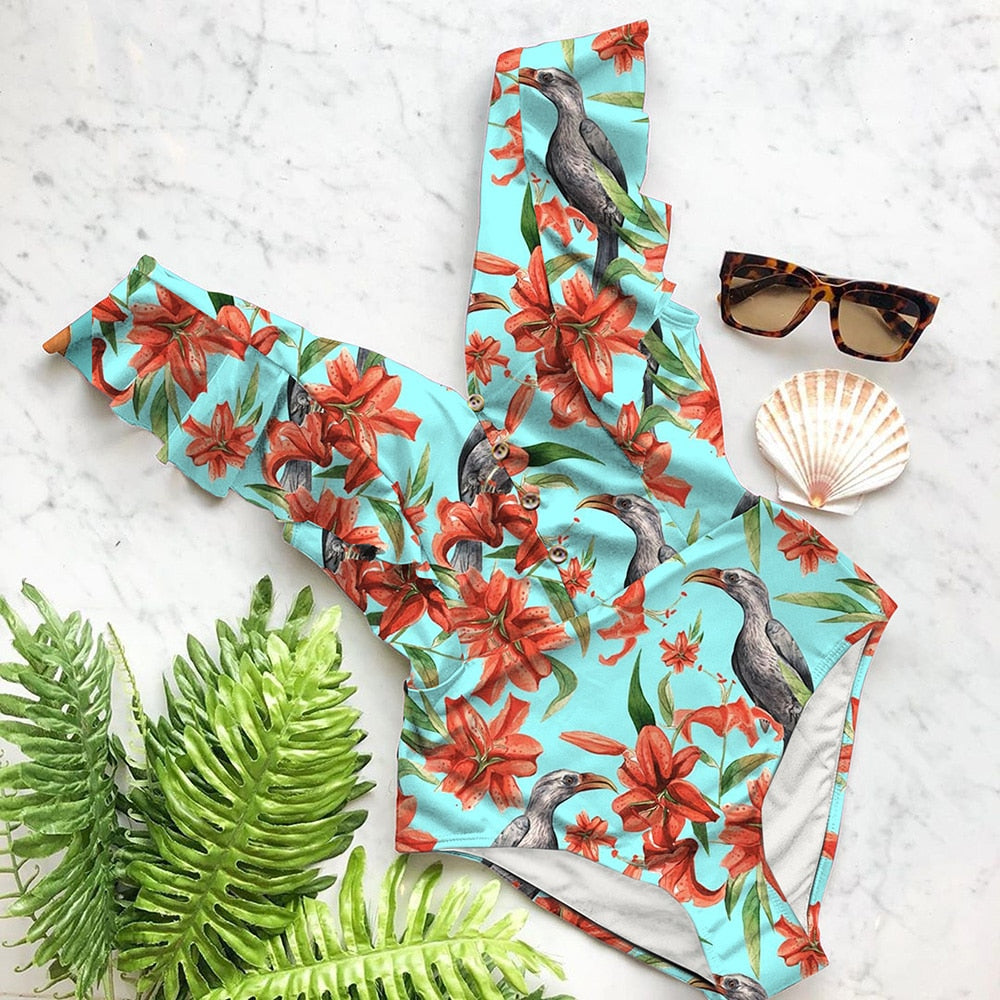 Ruffle Deep-V One Piece Swimsuit | Flattering Spandex Monokini | UStico