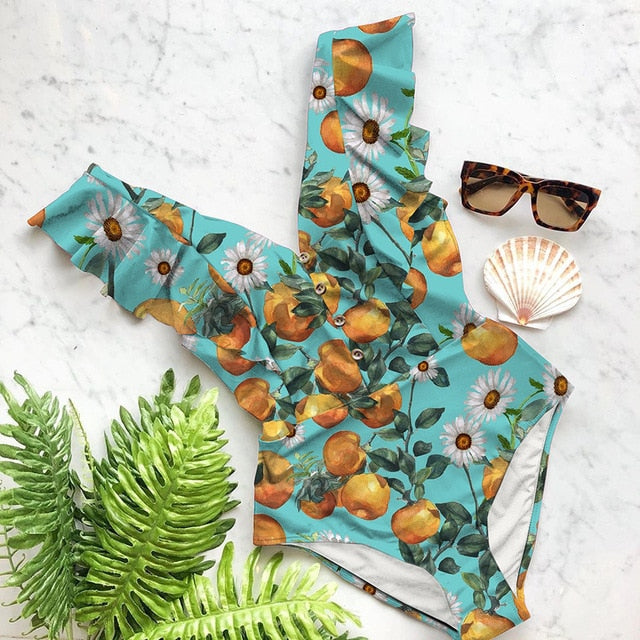 Ruffle Deep-V One Piece Swimsuit | Flattering Spandex Monokini | UStico
