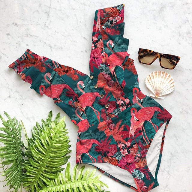 Ruffle Deep-V One Piece Swimsuit | Flattering Spandex Monokini | UStico