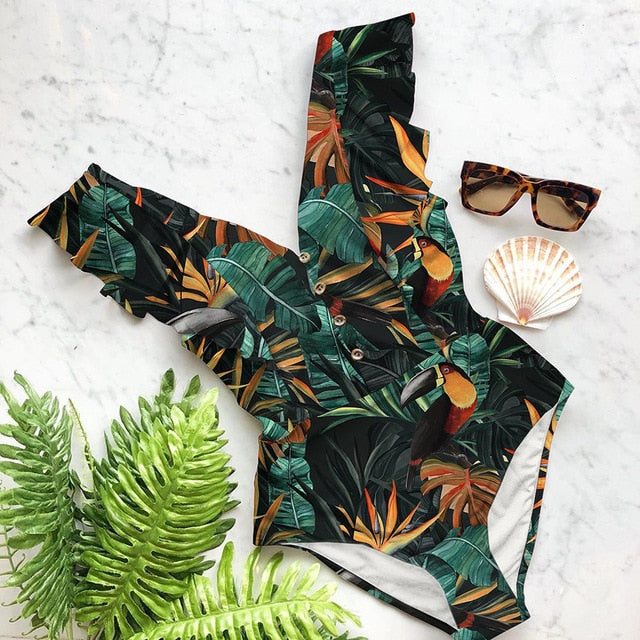 Ruffle Deep-V One Piece Swimsuit | Flattering Spandex Monokini | UStico