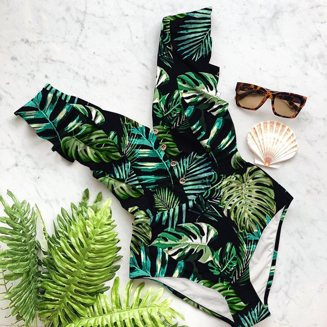 Ruffle Deep-V One Piece Swimsuit | Flattering Spandex Monokini | UStico