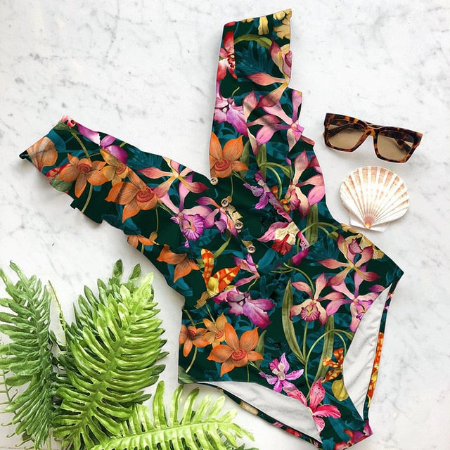 Ruffle Deep-V One Piece Swimsuit | Flattering Spandex Monokini | UStico