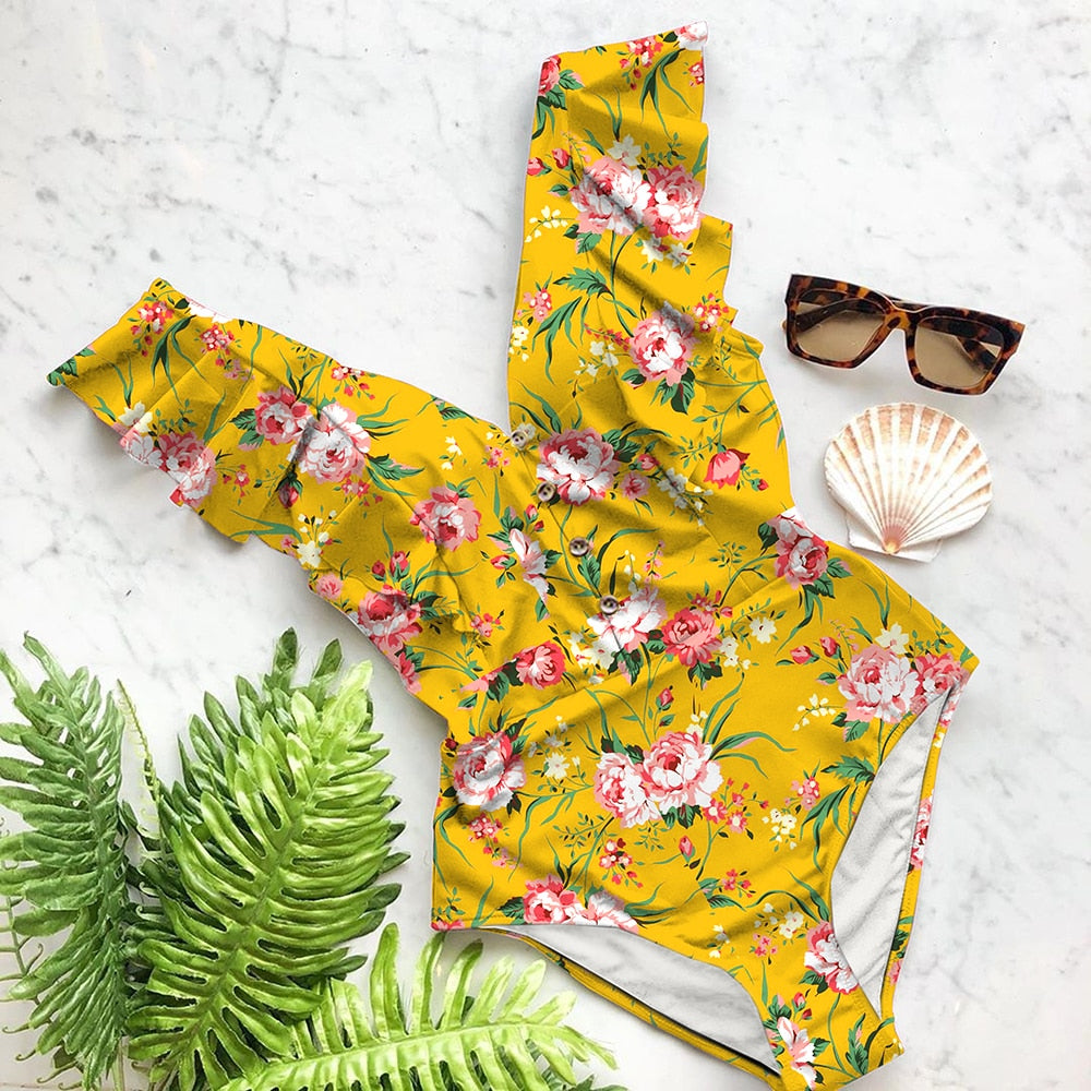 Ruffle Deep-V One Piece Swimsuit | Flattering Spandex Monokini | UStico