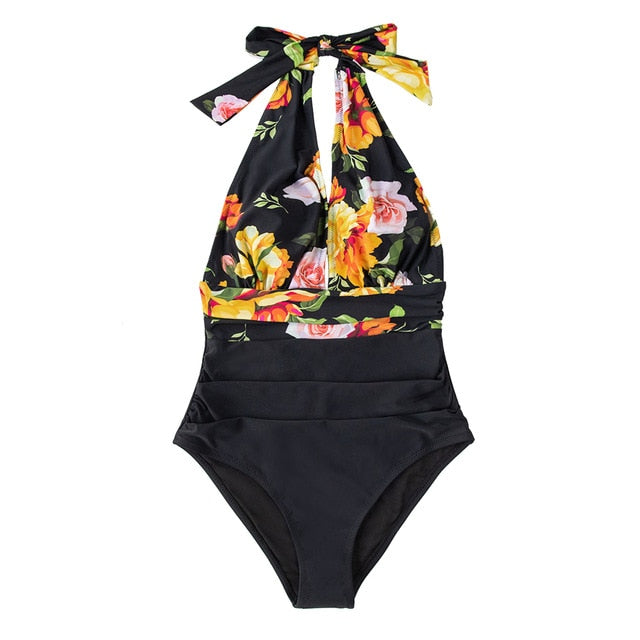 Navy Floral Deep V-neck Halter One-Piece Swimsuit