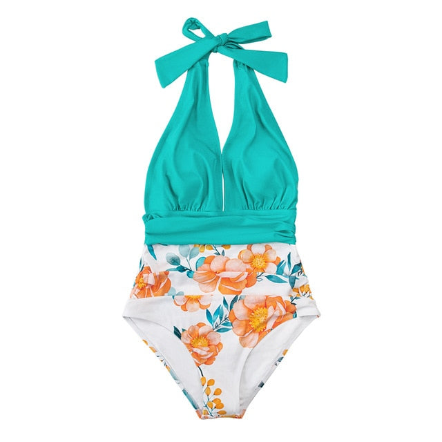 Navy Floral Deep V-neck Halter One-Piece Swimsuit