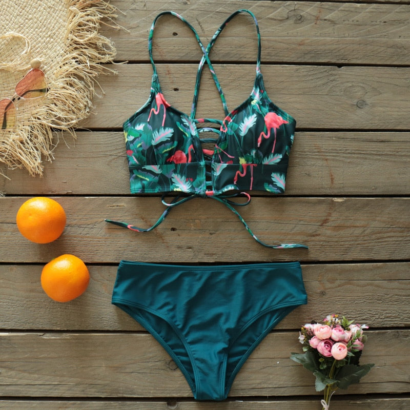 Lace Up Bikini Top with Mid-rise Bottom