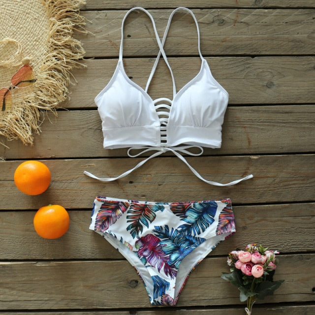 Lace Up Bikini Top with Mid-rise Bottom