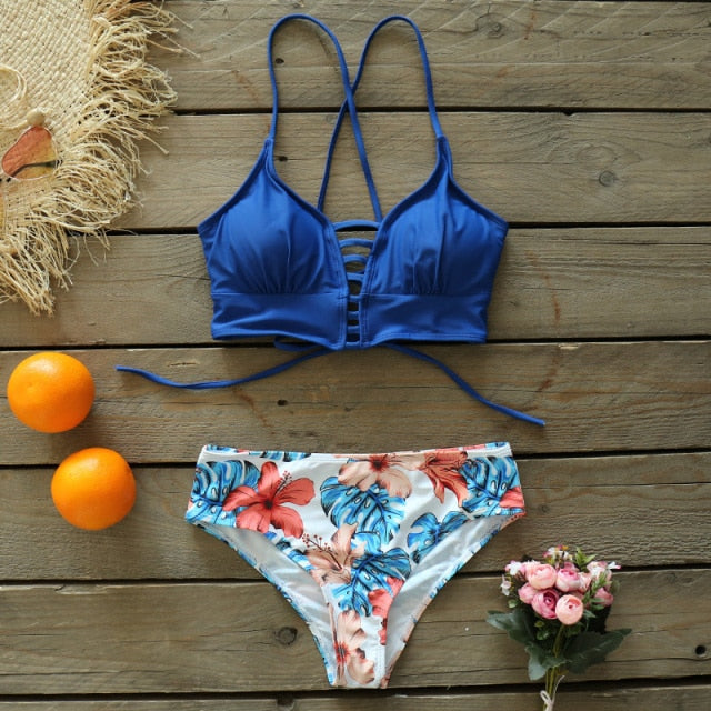 Lace Up Bikini Top with Mid-rise Bottom