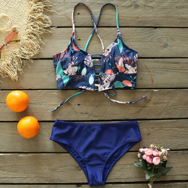 Lace Up Bikini Top with Mid-rise Bottom