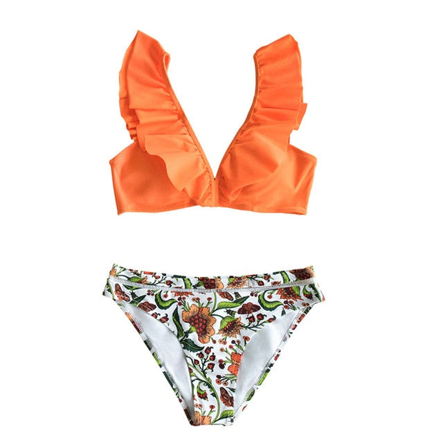 Ruffle Bikini Sets With Floral Bottom