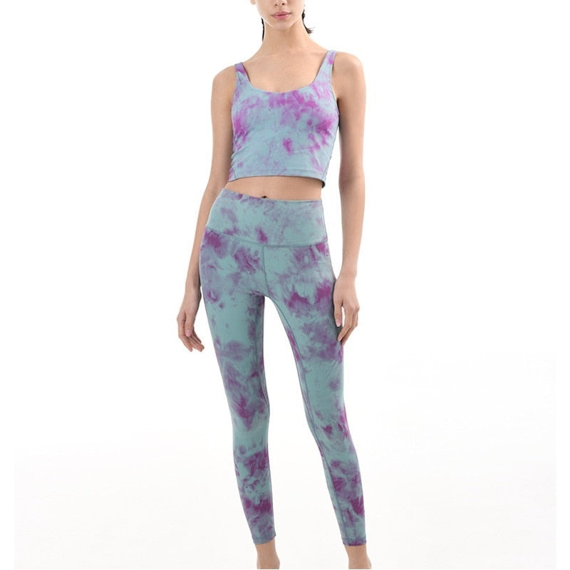 2Pcs Tie Dye Yoga Set High Waist Workout Leggings+ Seamless Stretch Top
